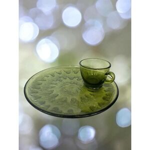 Vintage Indiana Glass Sunburst Mid Century Olive Green One Cup & Plate Set